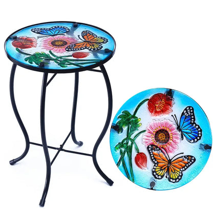 Terrance Floral Patio Side Table - Small Outdoor Glass End Table-0