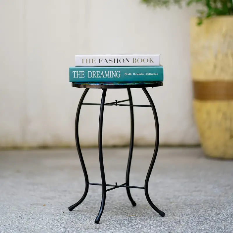 Terrance Floral Patio Side Table - Small Outdoor Glass End Table-3