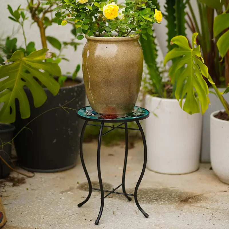 Terrance Floral Patio Side Table - Small Outdoor Glass End Table-1